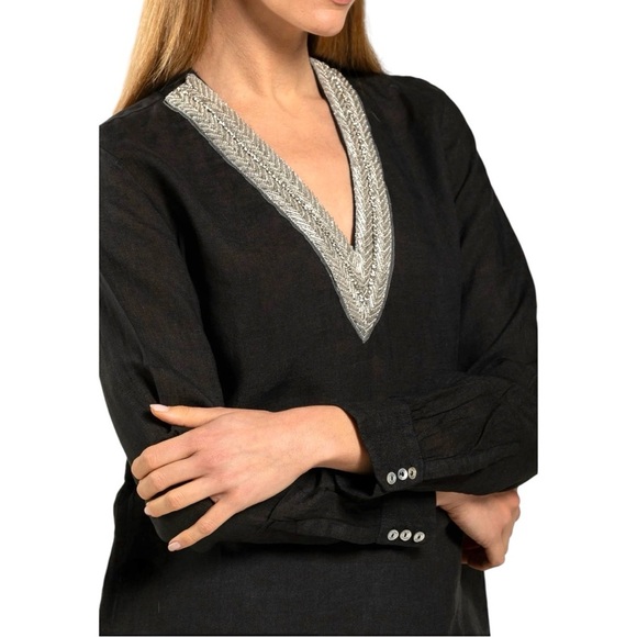 120% LINO Long Sleeve Blouse V-Neck Sequin Embellished Popover Linen Shirt NEW - Picture 6 of 14